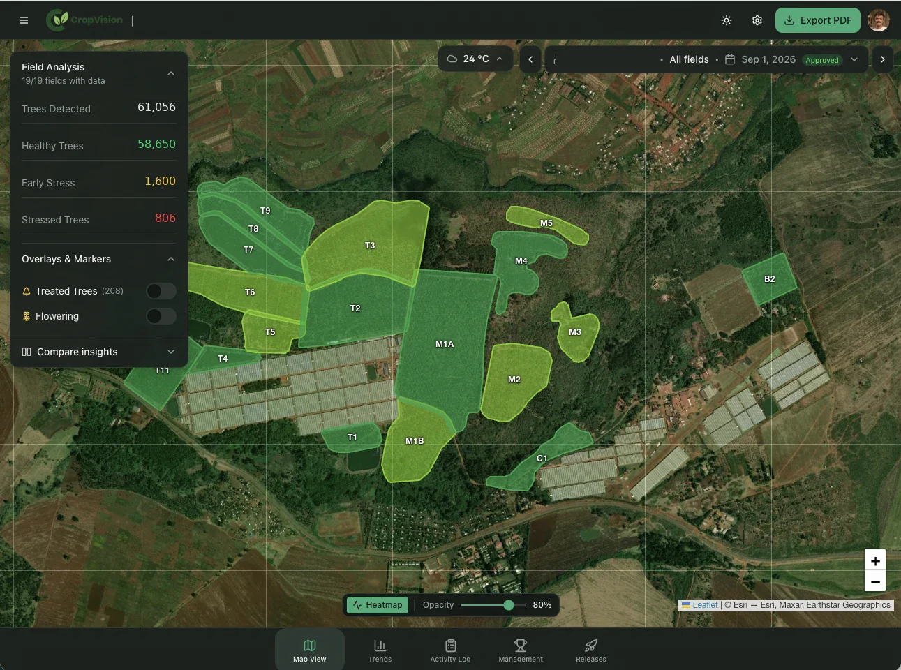 CropVision orchard map showing tree counts, stress zones and block boundaries over aerial imagery